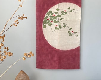 Japanese Linen Noren Curtain - Handwoven Natural Linen Ramie - Red and Beige - Full Moon and Red Fruit Green Leaf - 59"H x 33"W