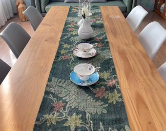 Handwoven Linen Table Runner - Rainforest Pattern - Natural Plant Dye - 13"W x 78"L