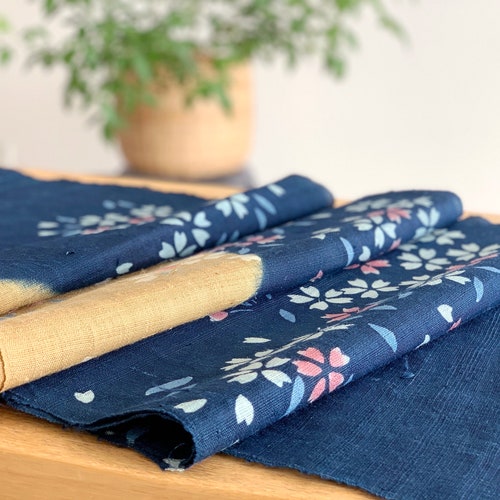 Japanese Style Noren Curtain - Natural Handwoven Linen - Natural Dyed Indigo - Golden Moon & Cherry Blossom Pattern - 59