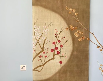 Japanese Noren Curtain - Ramie Linen Moon and Plum Blossom - 34"W x 59"H