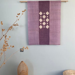 Japanese Style Noren Curtain - 3 Panels - Handwoven Natural Linen Ramie - Natural Dyed Purple - Diamond Pattern - 43&quot;H x 33&quot;W