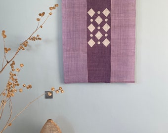 Japanese Style Noren Curtain - 3 Panels - Handwoven Natural Linen Ramie - Natural Dyed Purple - Diamond Pattern - 43"H x 33"W