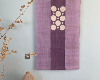 Japanese Style Noren Curtain - 3 Panels - Handwoven Natural Ramie Linen - Natural Dyed Purple - Polka Dot - 59"H x 33"W