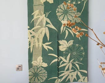 Japanese Linen Noren Curtain – Handwoven Green Bamboo Floral Print - 35"W x 59"H