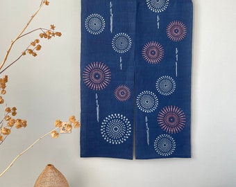Japanese Style Noren Curtain - Natural Semi-Handwoven Ramie - Natural Dyed Indigo Blue - Small Fireworks Pattern - 58"H x 33"W
