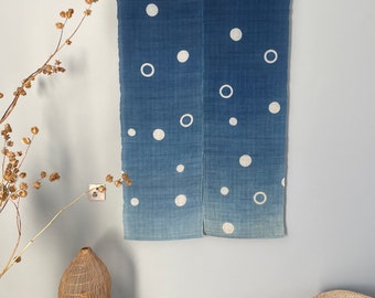 Japanese Style Noren Curtain - Natural Handwoven Ramie - Natural Dyed - Indigo Blue -  Circle Pattern - 59"H x 35"W