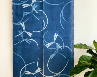 Japanese Style Noren Curtain - Natural Linen - Natural Dyed Indigo Bule - Dragonfly Pattern - 59"H x 35"W