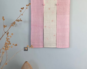 Japanese Linen Noren Curtain - 3 Panels - Handwoven Natural Linen Ramie - Pink - Embroidery Blossoms - 47"H x 34"W