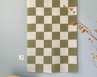 Japanese Linen Noren Curtain - Handwoven Ramie Green Checkers - 35"W x 59"H