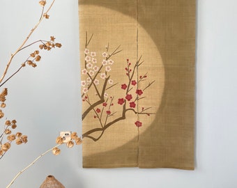 Japanese Style Noren Curtain - Natural Ramie Linen - Natural Dye - Ginger Yellow - Moon and Plum Blossom Pattern - 59"H x 34"W