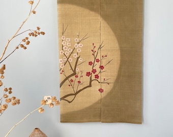 Japanese Style Noren Curtain - Natural Ramie Linen - Natural Dye - Ginger Yellow - Moon and Plum Blossom Pattern - 34"W x 59"H