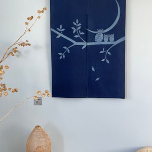 Japanese Style Noren Curtain - Fine Cotton Linen - Natural Dyed Indigo Blue - Night Owls Sitting On Branches - 47&quot;H x 33&quot;W