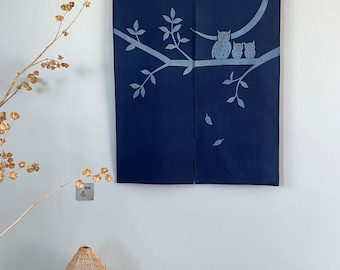 Japanese Style Noren Curtain - Fine Cotton Linen - Natural Dyed Indigo Blue - Night Owls Sitting On Branches - 47"H x 33"W