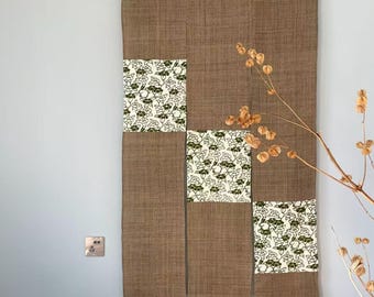 Japanese Linen Noren Curtain - Handwoven Ramie Green Floral Print - 33"W x 59"H