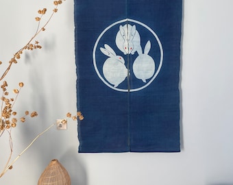 Japanese Style Noren Curtain - Natural Handwoven Ramie - Natural Dyed - Indigo Blue - Circle & Bunnies Pattern - 58"H x 35"W