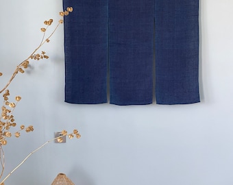 Japanese Linen Noren Curtain - 3 Panels - Handwoven Natural Linen Ramie - Indigo Blue - 41"H x 39"W