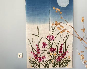 Japanese Linen Noren Curtain - Iris & Moon Print - Handwoven Ramie - 35"W x 58"H