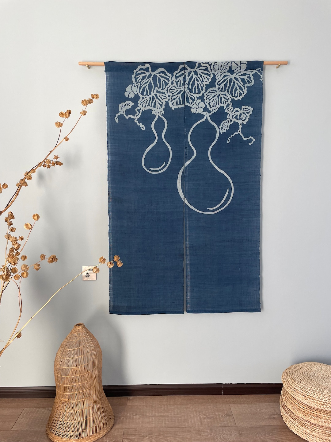 Japanese Linen Noren Curtain: Handwoven Indigo Gourd Motif - 59