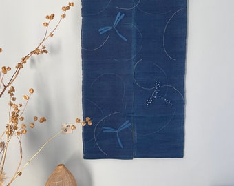 Japanese Style Noren Curtain - Natural Handwoven Ramie - Natural Dyed - Indigo Blue -  Embroidery - Dragonflies Pattern - 59"H x 35"W