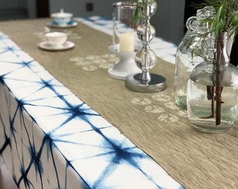 Table Runner - Handwoven Natural Linen - Brown - Tie Dyed Motif - 18"W x 71"L