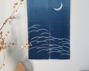 Japanese Style Noren Curtain - Natural Handwoven Ramie - Natural Dyed - Indigo Blue -  Crescent Moon & Reed - 59"H x 36"W