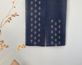 Japanese Style Noren Curtain - Natural Linen - Natural Yarn Dyed Hash Pattern - Linen Natural Indigo Blue Color - 48"H x 34"W