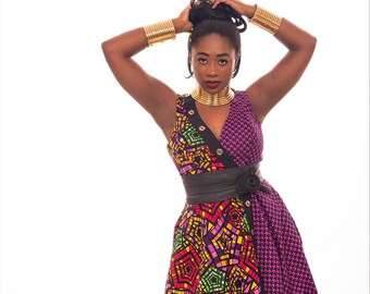 African print dress, Ankara dress, African purple dress, gold buttons dress, maxi dress, mixed print dress, African dresses for women