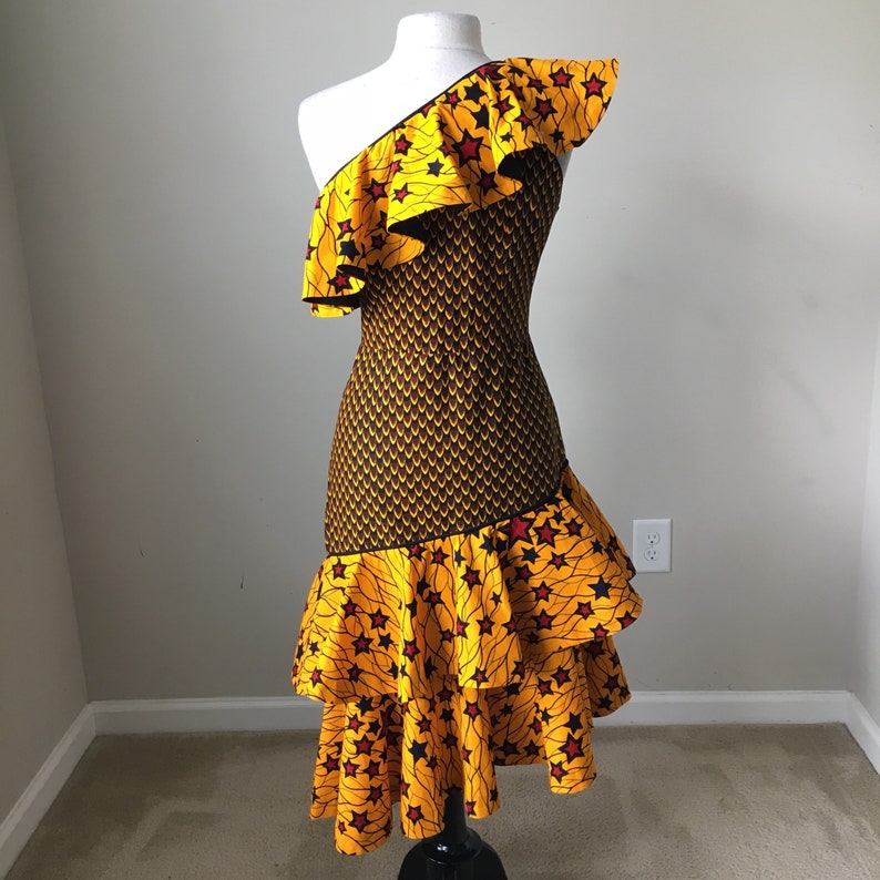 Ruffle sleeve African print dress in red and mustard tones