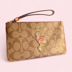 Coach Brown Signature Canvas LARGE Wristlet with Pink Flamingo Patch