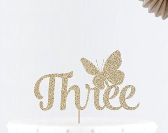 Glitter Three Butterfly Cake Topper • Number Cake Topper • Party Decor • Birthday Decor • Birthday Party • Third Birthday• Smash Cake Topper