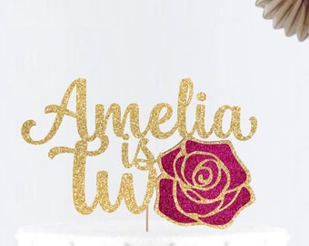 Glitter Personalized Two Rose Flower Cake Topper • Any Name Cake Topper • Second Birthday Decor • Birthday Party•  Cake Topper