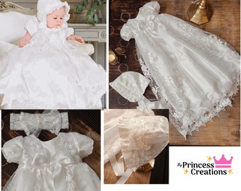 Robe de baptême bébé fille accentuée de cristaux Swarovski • Robe de baptême vintage • Robe de bénédiction en dentelle avec bonnet • Robe longue de première communion