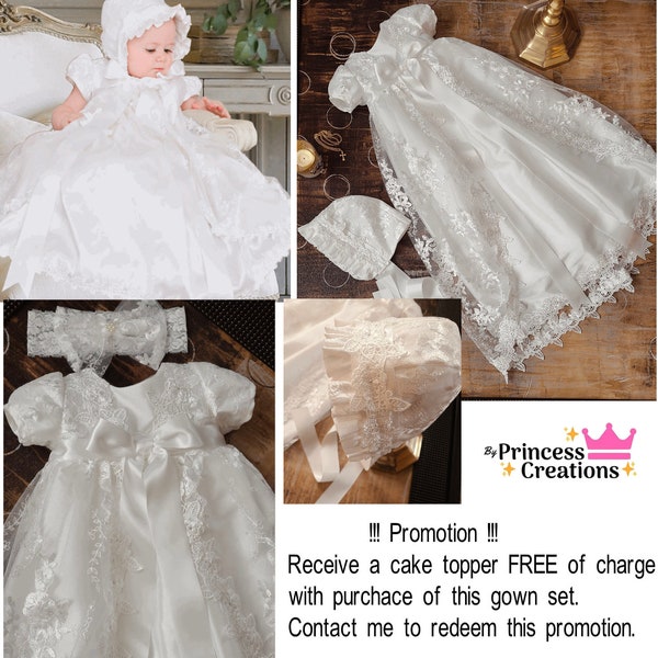 Robe de baptême bébé fille accentuée de cristaux Swarovski • Robe de baptême vintage • Robe de bénédiction en dentelle avec bonnet • Robe longue de première communion