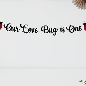Our Love Bug is One First Birthday Banner•Ladybug First Birthday•Custom Cursive Banner•Garden Inspired Glitter Banner•Smash Cake •