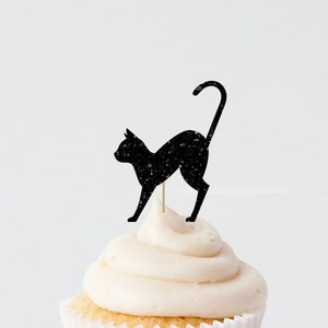 Glitter Cat Cupcake Topper Set of 6 Halloween Decor Boy Birthday Themed Party Spooky Cake Topper Food Picks image 1