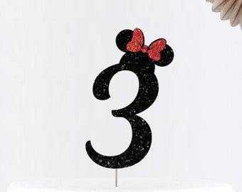Glitter Minnie Mouse 3 Cake Topper •  Three Cake Topper • Any Age Cake Topper• Any Number Cake Topper • Party Decor • Birthday Party