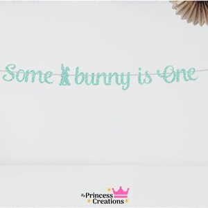 May include: A turquoise glitter banner with the text "Some bunny is One".