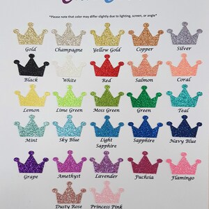May include: Color chart showing 20 different glitter colors in the shape of a crown. The colors include gold, champagne, yellow gold, copper, silver, black, white, red, salmon, coral, lemon, lime green, moss green, green, teal, mint, sky blue, light sapphire, sapphire, navy blue, grape, amethyst, lavender, fuchsia, flamingo, dusty rose, and princess pink.