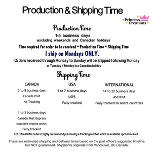 May include: Production and shipping time information for orders. Orders are shipped on Mondays only. Shipping times vary based on location: 3 to 8 business days to Canada, 5 to 7 business days to the USA, and 14 to 22 business days internationally.  The text states that these are estimated times and are not guaranteed. Shipments originate from Vancouver, BC Canada.