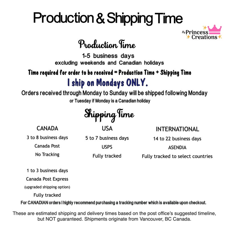 May include: Production and shipping time information for orders. Orders are shipped on Mondays only. Shipping times vary based on location: 3 to 8 business days to Canada, 5 to 7 business days to the USA, and 14 to 22 business days internationally.  The text states that these are estimated times and are not guaranteed. Shipments originate from Vancouver, BC Canada.