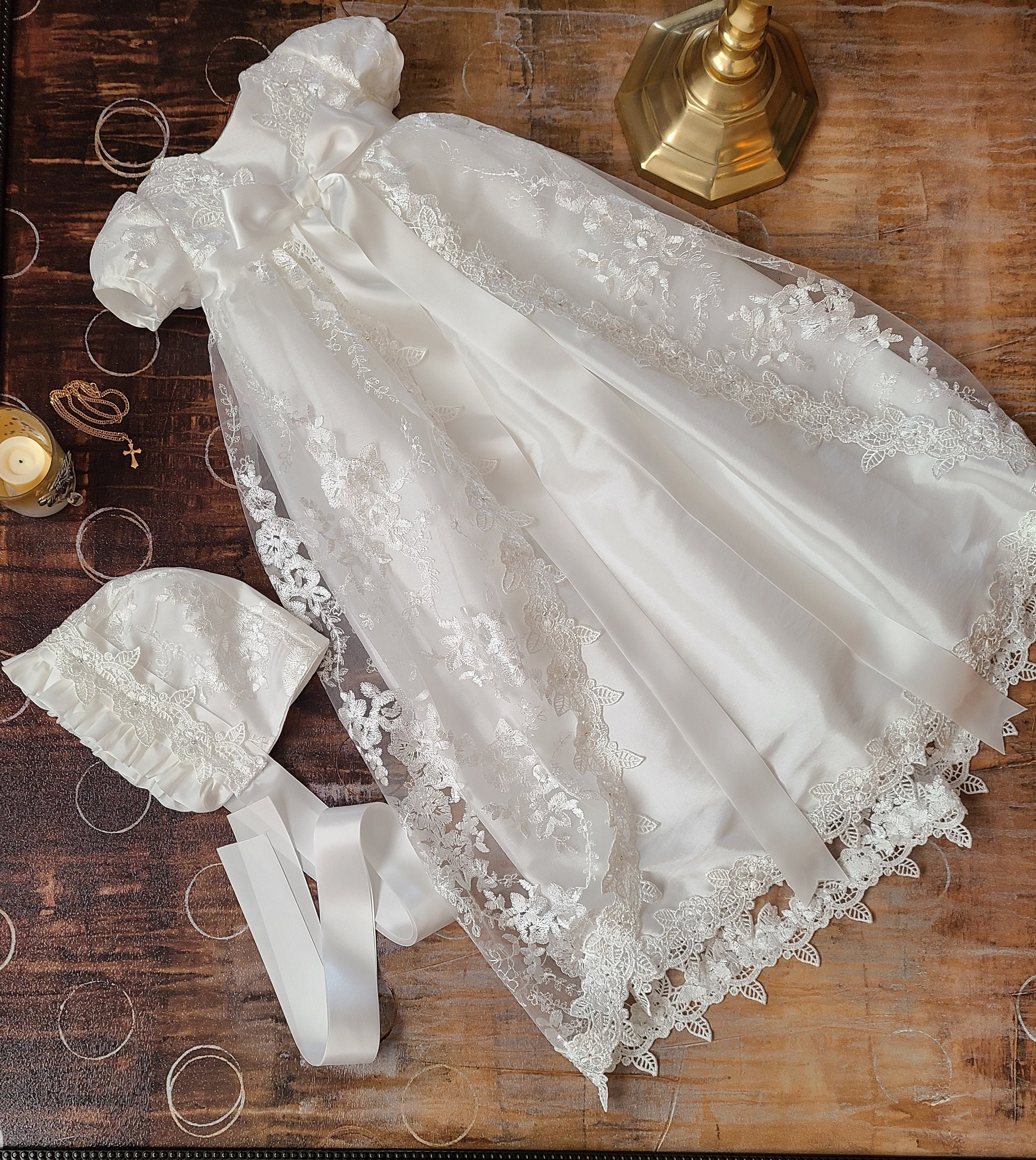Baby Girl Christening Dress accented with Swarovski Crystals•Vintage Baptism Dress•Lace Blessing Gown with Bonnet•Long First Communion Gown