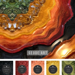 May include: A close-up of a geode art piece with a variety of colors, including green, yellow, orange, red, and black. The geode is surrounded by five small jars of paint, each labeled with a color and the brand name "Meyspring". The colors of the paint are charcoal black, wine red, peach gold, royal gold, and olive gold.