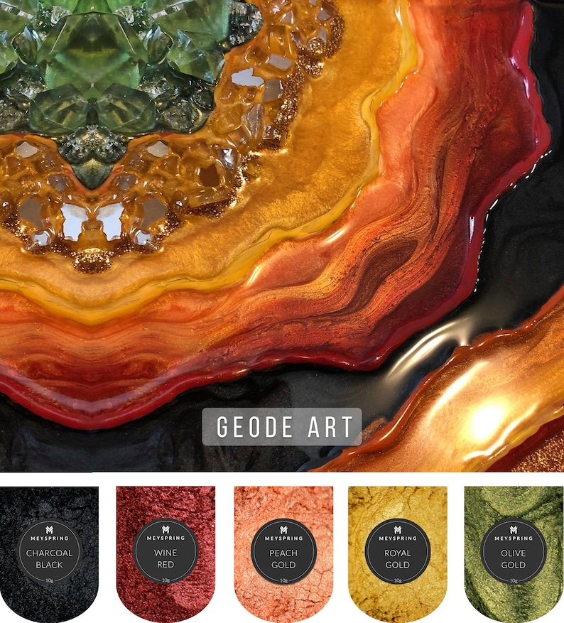 May include: A close-up of a geode art piece with a variety of colors, including green, yellow, orange, red, and black. The geode is surrounded by five small jars of paint, each labeled with a color and the brand name "Meyspring". The colors of the paint are charcoal black, wine red, peach gold, royal gold, and olive gold.