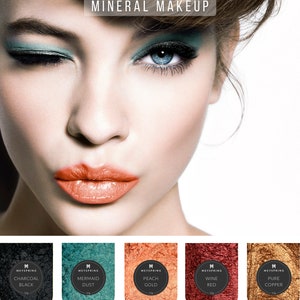 May include: Five small containers of mineral makeup powder. The containers are labeled with the brand name "MEYSPRING" and the color names: Charcoal Black, Mermaid Dust, Peach Gold, Wine Red, and Pure Copper. Each container is 10 grams.
