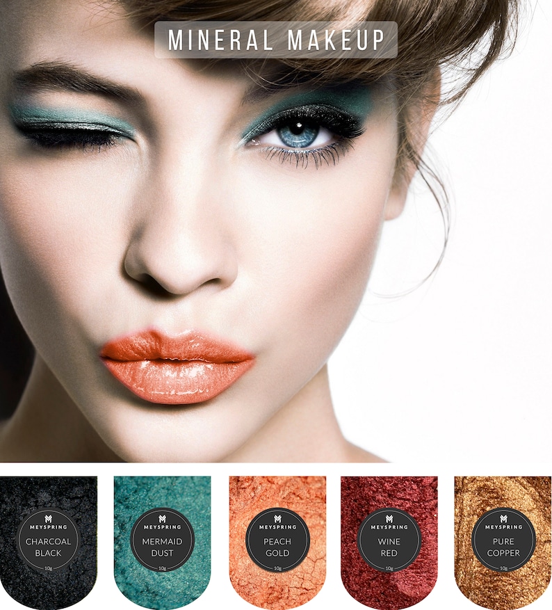 May include: Five small containers of mineral makeup powder. The containers are labeled with the brand name "MEYSPRING" and the color names: Charcoal Black, Mermaid Dust, Peach Gold, Wine Red, and Pure Copper. Each container is 10 grams.