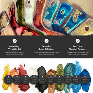 May include: A set of 10 mica powder pigments in various colors, including royal gold, peach gold, wine red, white pearl, charcoal black, pure copper, olive gold, mermaid dust, tropical blue, and pacific blue. The powders are arranged in a row on a white background.
