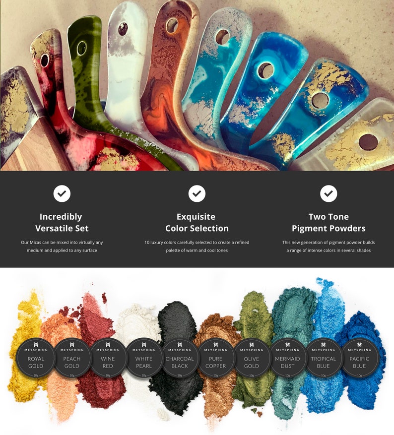 May include: A set of 10 mica powder pigments in various colors, including royal gold, peach gold, wine red, white pearl, charcoal black, pure copper, olive gold, mermaid dust, tropical blue, and pacific blue. The powders are arranged in a row on a white background.