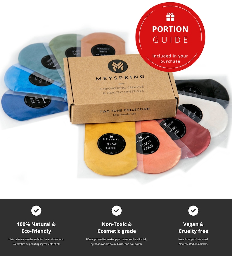 May include: A set of ten mica powder pigments in small containers. The colors are: royal gold, peach gold, wine red, white pearl, black, pacific blue, teal, sand, copper, and green. The containers are arranged in a circle around a box that says "Two Tone Collection Mica Powder Set".