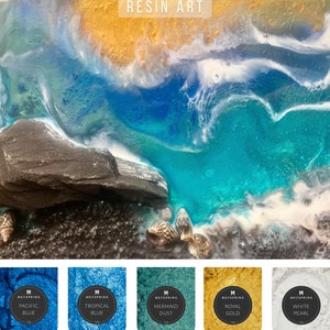 May include: Resin art painting depicting a beach scene with a rocky shore, blue and turquoise water, and white foam. Five small jars of resin pigment are shown below the painting, labeled "Pacific Blue", "Tropical Blue", "Mermaid Dust", "Royal Gold", and "White Pearl".