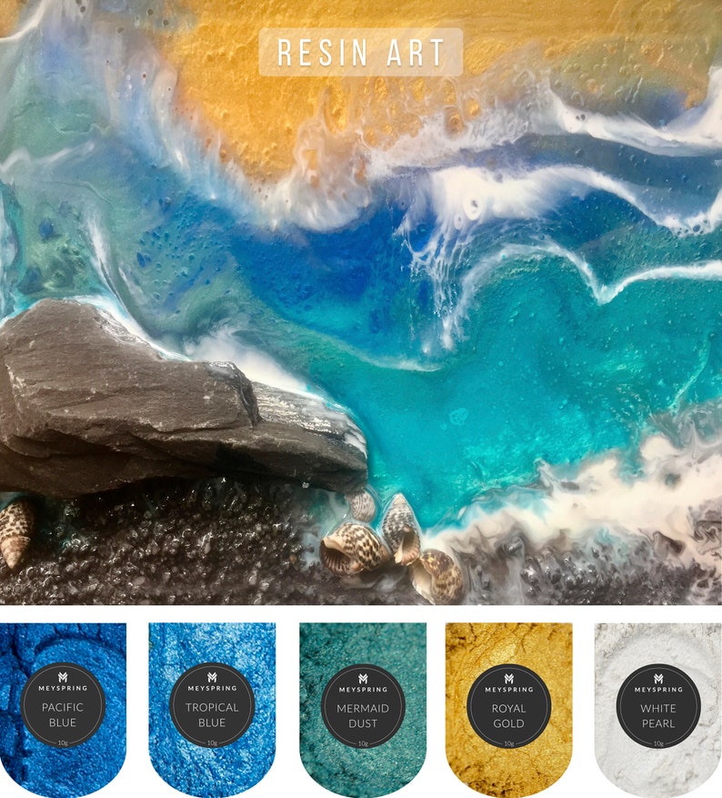 May include: Resin art painting depicting a beach scene with a rocky shore, blue and turquoise water, and white foam. Five small jars of resin pigment are shown below the painting, labeled "Pacific Blue", "Tropical Blue", "Mermaid Dust", "Royal Gold", and "White Pearl".